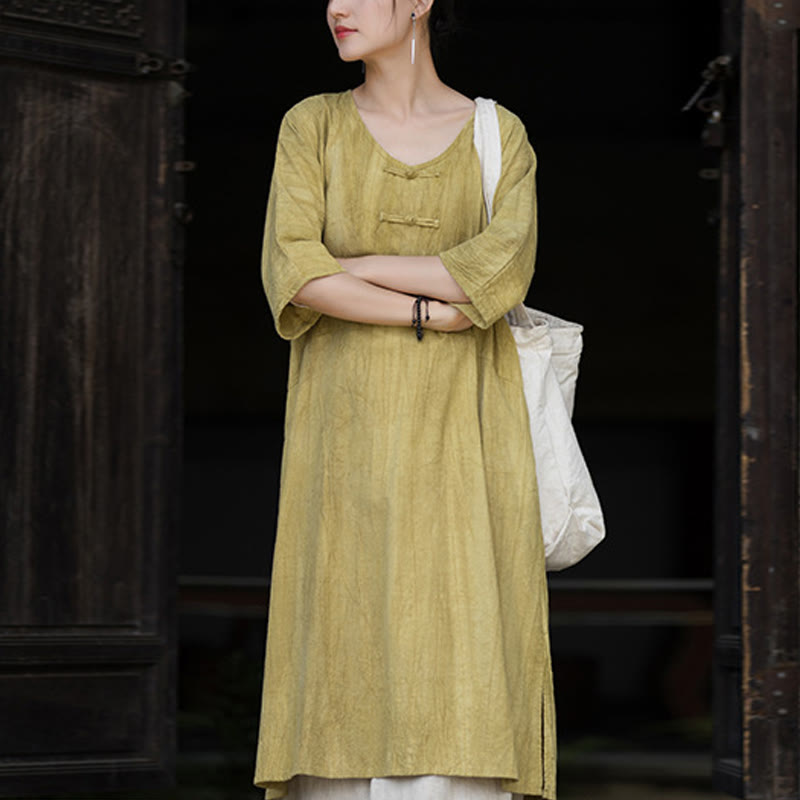 Ramie Linen Tie-Dye Frog-Button Meditation Midi Dress & Wide-Leg Pants Set