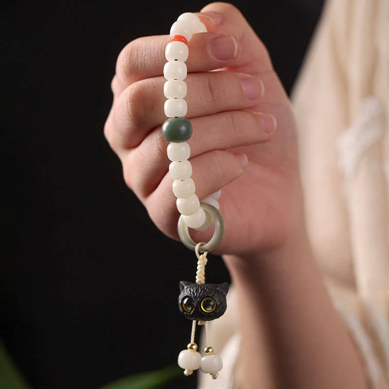 Natural Bodhi Seed and African Blackwood Beaded Bracelet with Hand-Finished Cat Charm