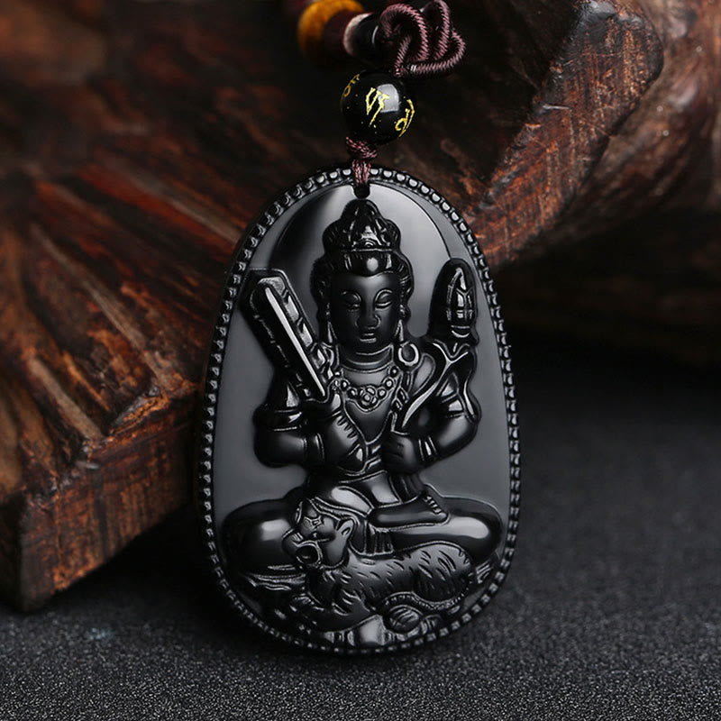 Chinese Zodiac Natal Buddha Natural Black Obsidian Purification Necklace Pendant