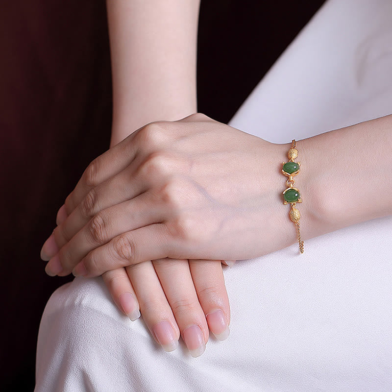 925 Sterling Silver Natural Hetian White Jade Cyan Jade Lovely Fox Luck Bracelet