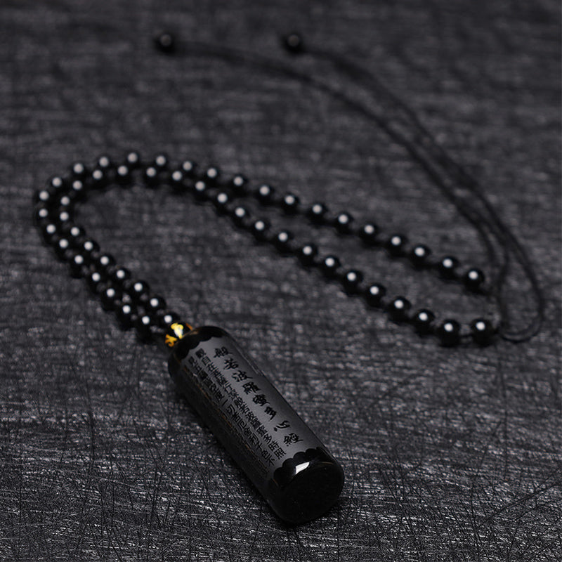 Natural Black Obsidian Heart Sutra Purification Necklace Pendant
