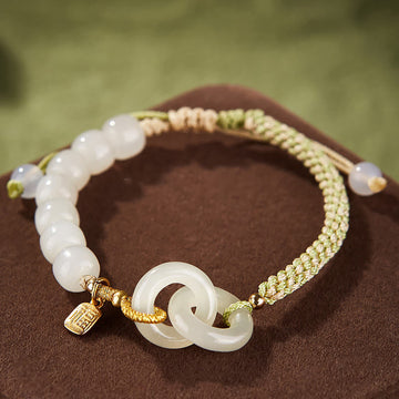 Natural Hetian Jade Bead Double Peace Buckle Fu Character Abundance Braided Bracelet