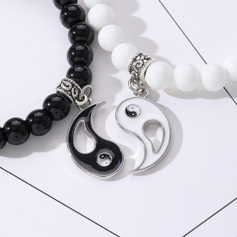 2Pcs Black Onyx White Turquoise Bead Yin Yang Protection Couple Bracelet