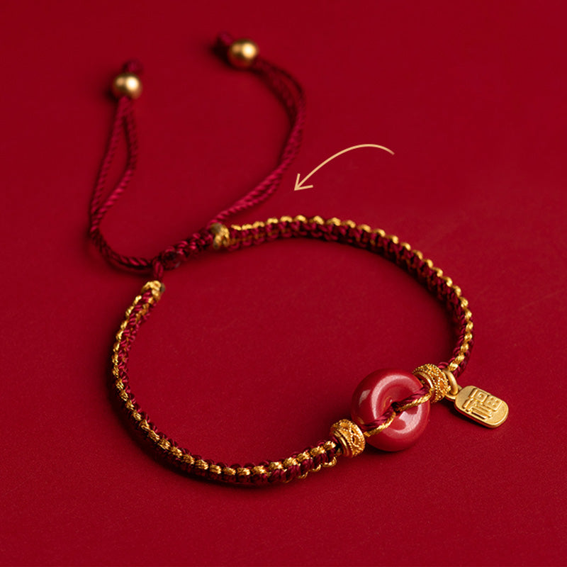 Natural Cinnabar Peace Buckle Fu Character Charm Blessing Braided Bracelet