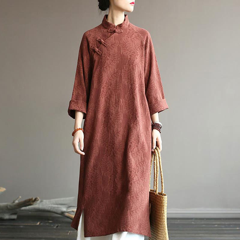 Flower Jacquard Midi Dress Long Sleeve Cotton Linen Dress Wide Leg Pants With Pockets