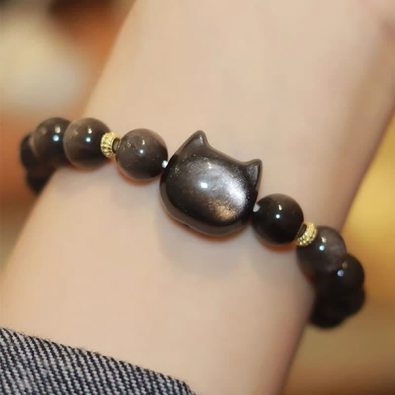 Gold Sheen Obsidian Silver Sheen Obsidian Lovely Paw Lucky Cat Protection Bracelet