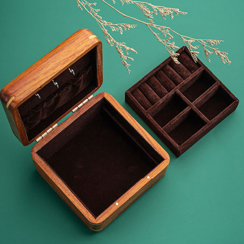 Antique Hand-Carved Rosewood Jewelry Storage Box with Floral Leaf Detail