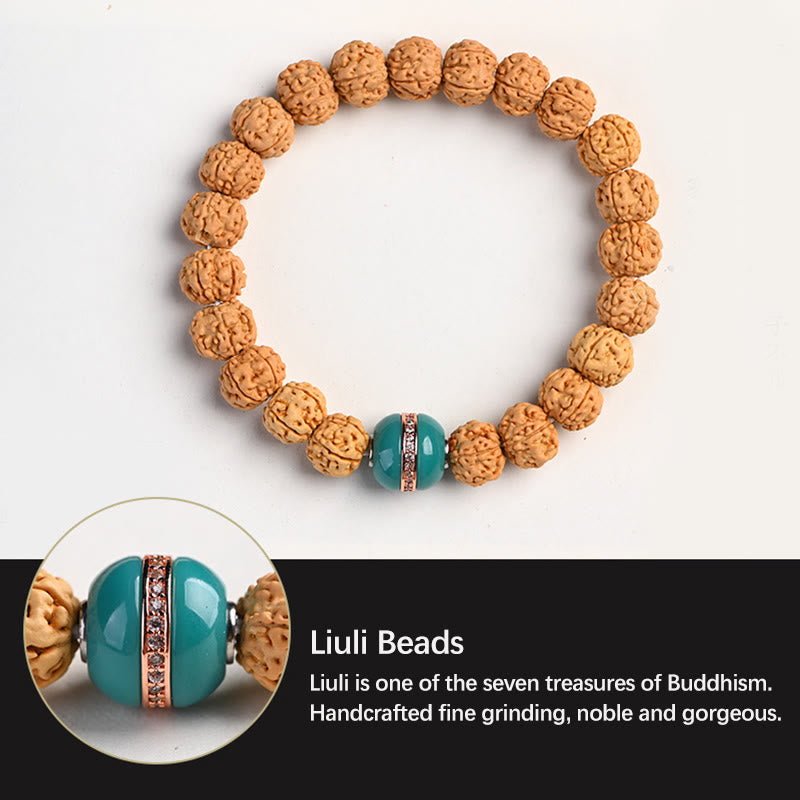 Tibetan Rudraksha & Bodhi Seed Bracelet with Hetian Jade and Gold Sheen Obsidian