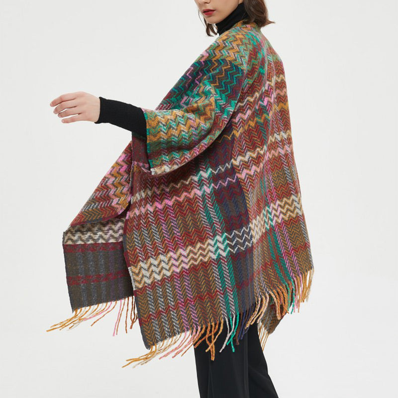 Tibetan Shawl Colorful Wavy Line Tassels Winter Cozy Travel Scarf Wrap