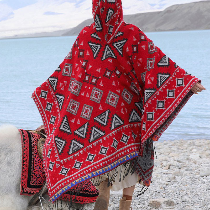 Tibetan Shawl Triangle Pattern Hooded Cloak Winter Cozy Travel Scarf Wrap