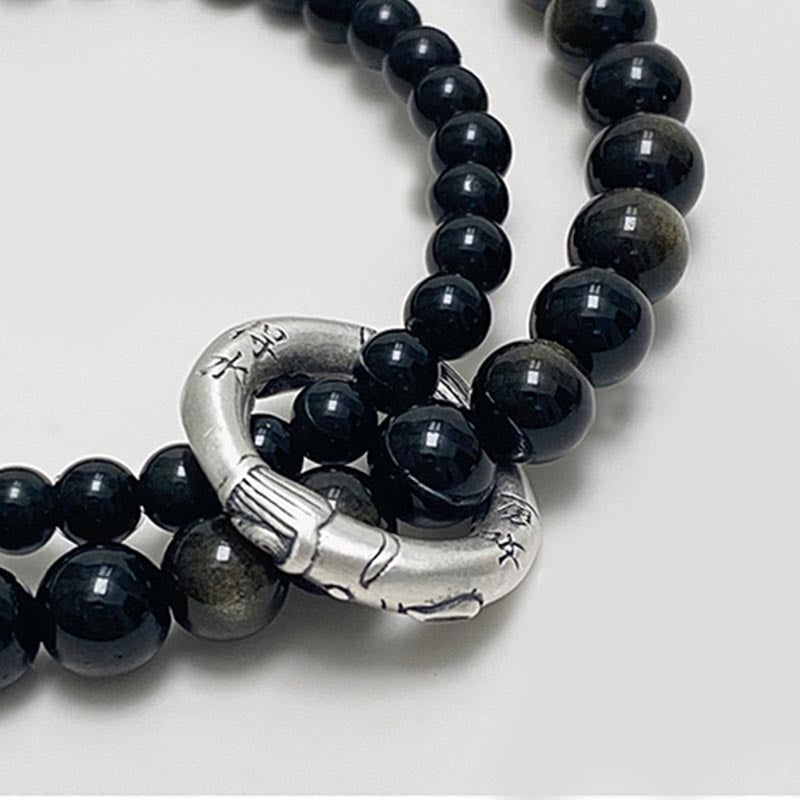999 Sterling Silver Black Obsidian Fulfillment Strength Double Layer Bracelet