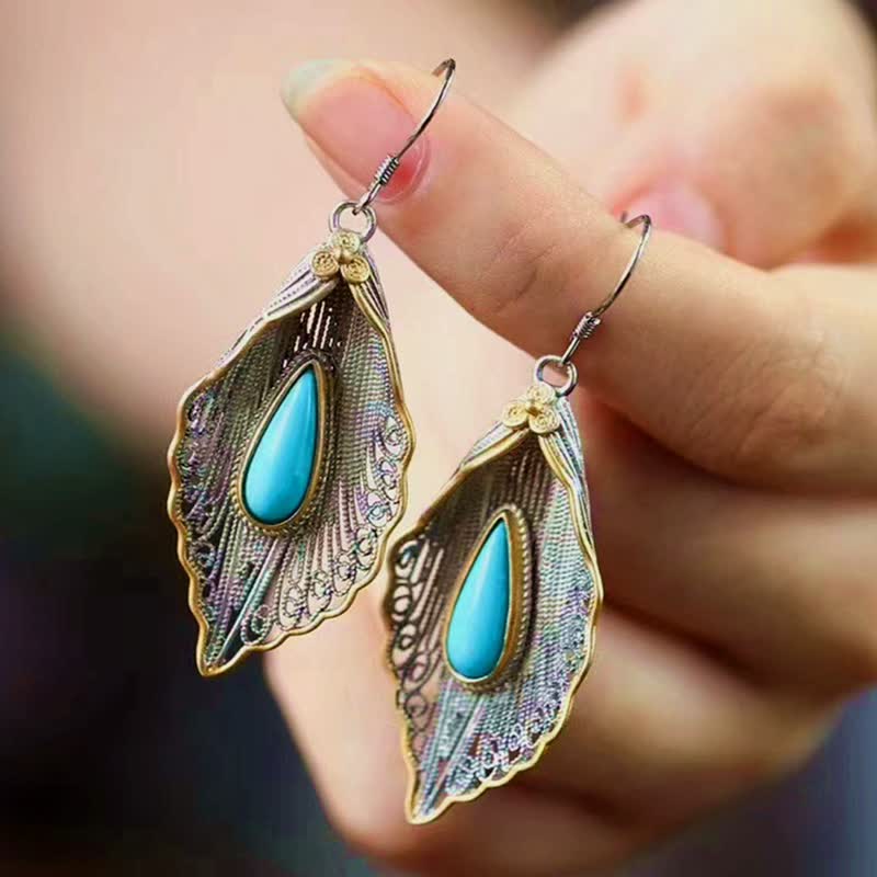 Bodhi Leaf Pattern 925 Sterling Silver Turquoise Dangle Drop Earrings