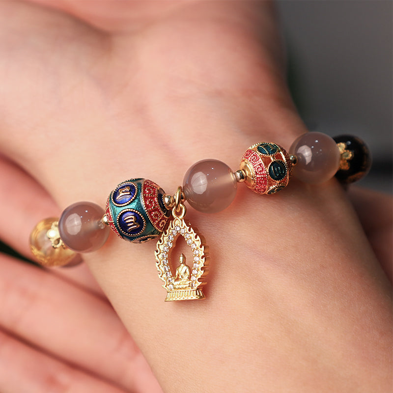 Natural Gray Agate Five Directions Gods of Wealth Om Mani Padme Hum Buddha Charm Bracelet