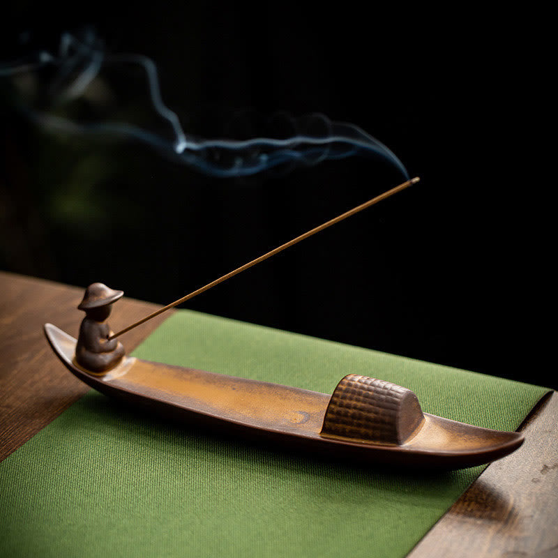 Handcrafted Ceramic Fisherman Zen Scene Healing Incense Burner