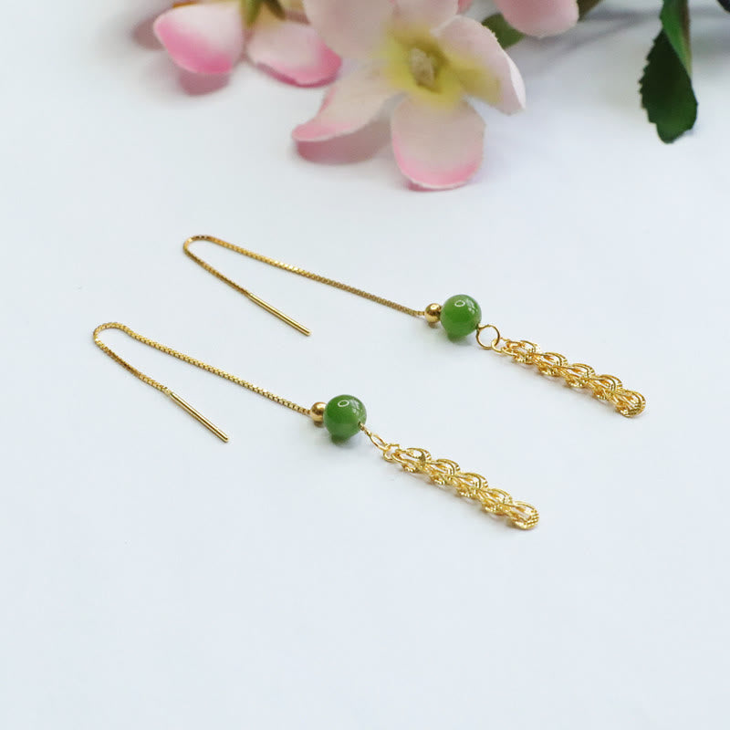 925 Sterling Silver Natural Hetian Cyan Jade Bead Luck Phoenix Tail Drop Earrings