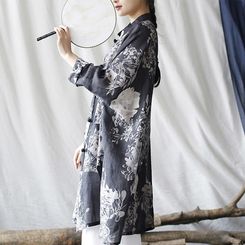 Ramie Linen Floral Stand-Collar Mindful Layering Jacket Shirt