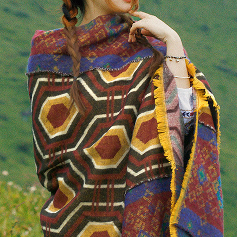 Tibetan Shawl Brown Blue Red Geometric Shapes Pattern Winter Cozy Travel Scarf Wrap