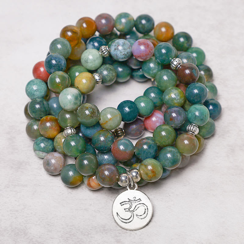 108 Mala Beads Natural Indian Agate Lotus Om Buddha Tree of Life Wrap Bracelet