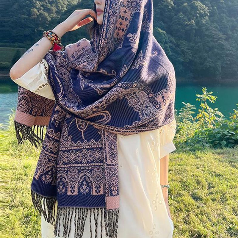 Vintage Tibetan Leaves Pattern Design Shawl Cozy Travel Scarf Wrap