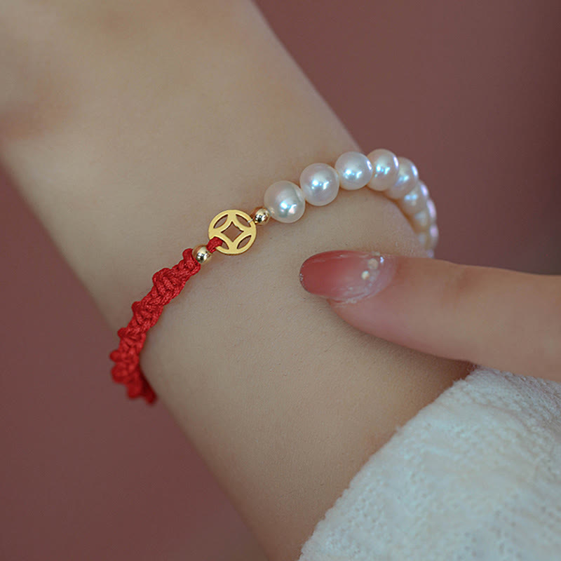 14K Gold Plated Pearl and Prosperity Symbol Braided Red String Bracelet