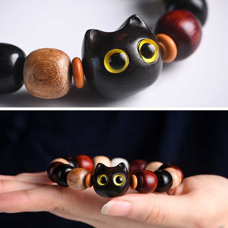 Hand-Carved Cat Engraved Red Sandalwood and Ebony Wood Bracelet