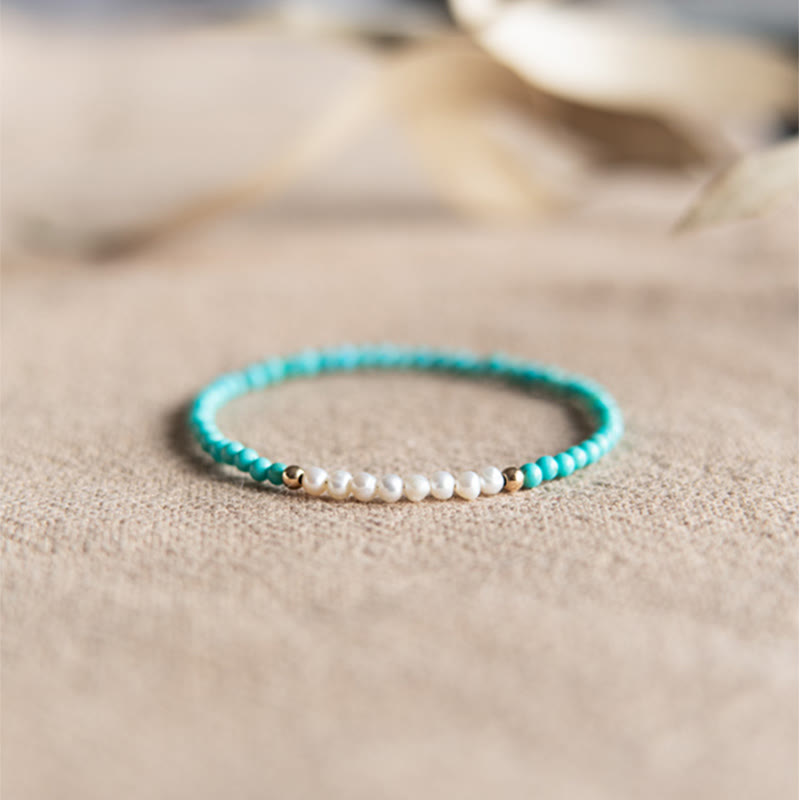 Handcrafted 925 Sterling Silver Natural Turquoise and Pearl Beaded Gold-Tone Bracelet