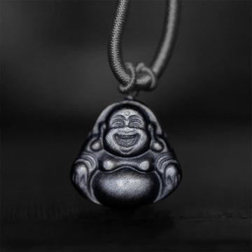 Natural Silver Sheen Obsidian Laughing Buddha Protection Necklace Pendant