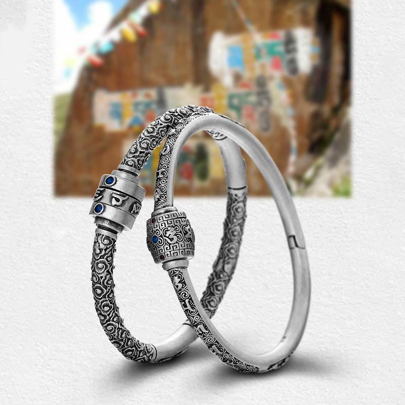 990 Fine Silver Tibetan Om Mani Padme Hum Engraved Auspicious Clouds Bangle