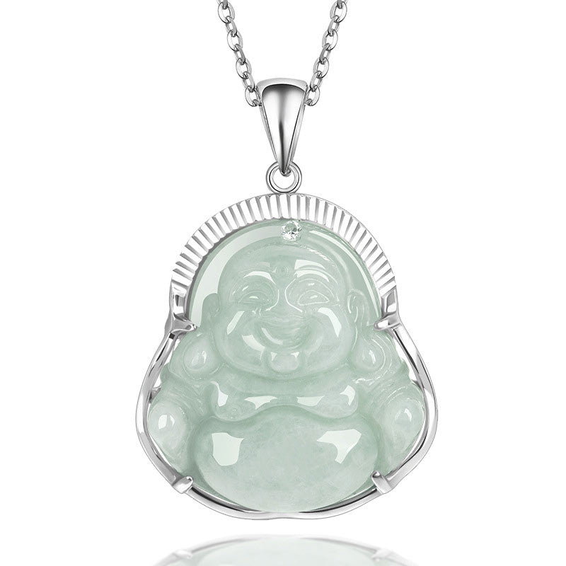925 Sterling Silver Laughing Buddha Jade Luck Calm Necklace Chain Pendant