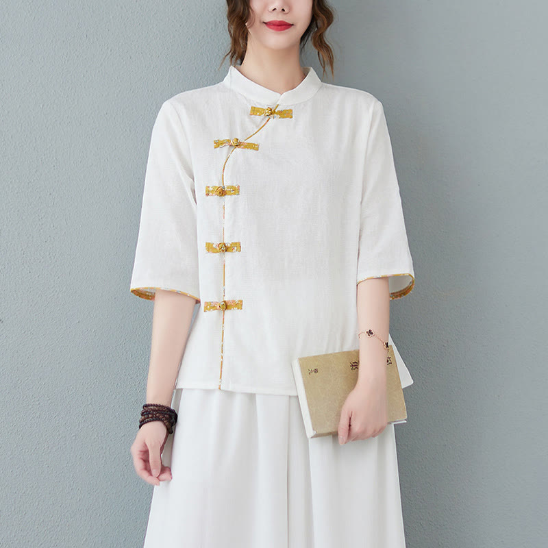 Floral Pattern Frog-Button Half Sleeve Cotton Linen Shirt