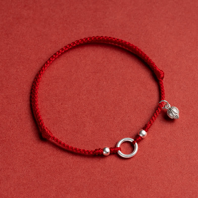925 Sterling Silver Ping An Kou Lotus Red String Bracelet with Peace and Joy Charms