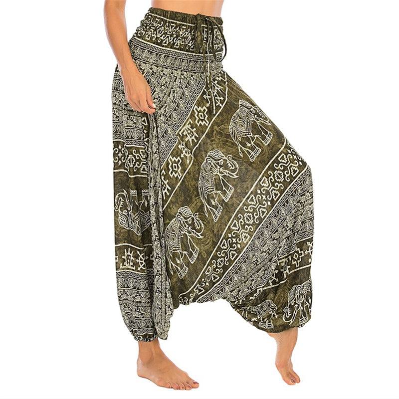 Two Style Wear Elephant Pattern Loose Smocked Harem Trousers Jumpsuit Women's Yoga Pants