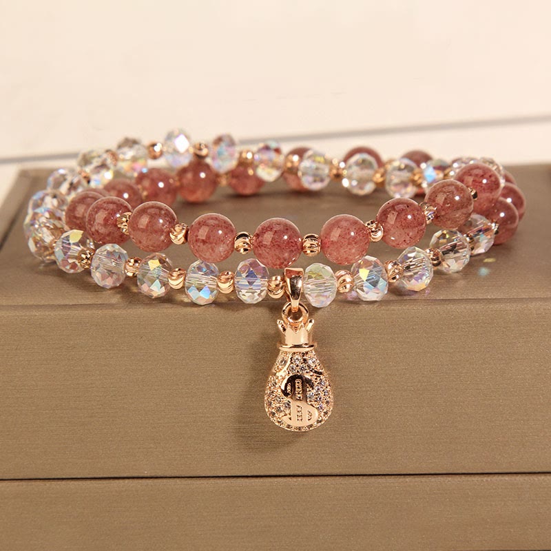 Strawberry Quartz and Clear Quartz Wealth Bag Copper Charm Bracelet for Women