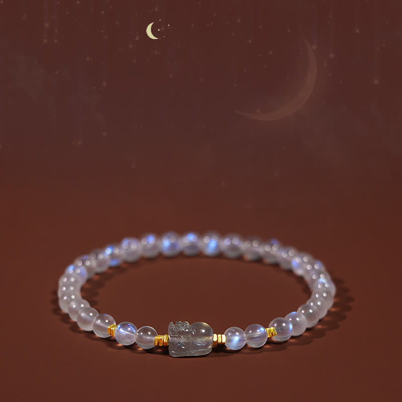 925 Sterling Silver Plated Gold Natural Moonstone PiXiu Healing Bracelet