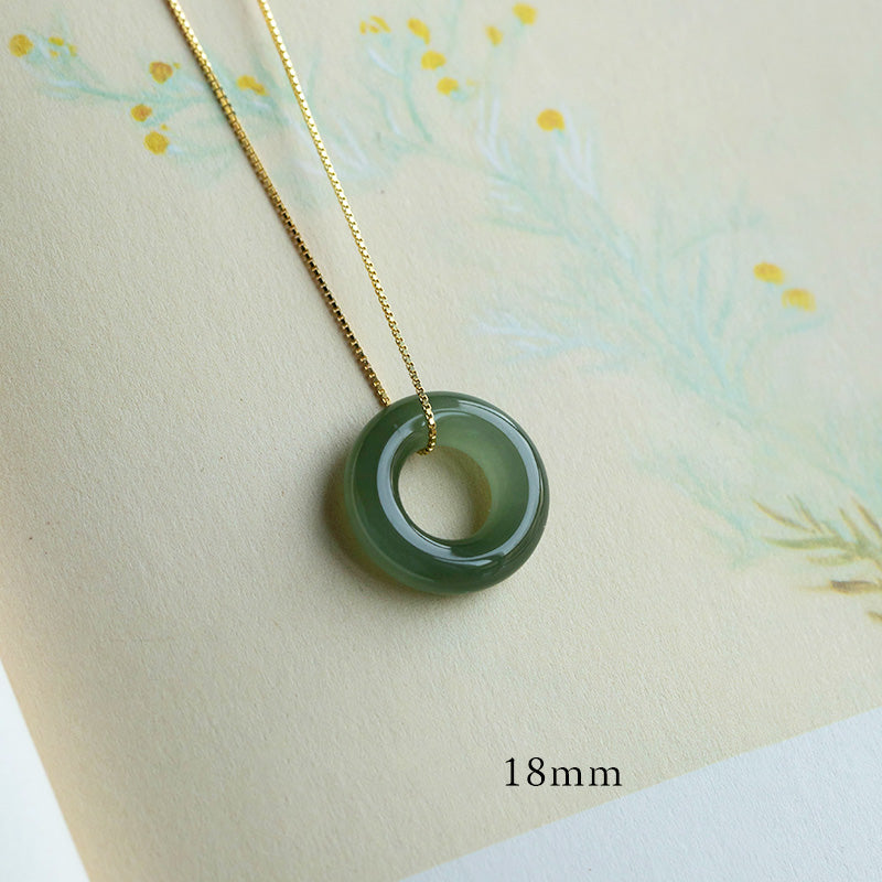 Natural Round Jade Ping An Kou 925 Sterling Silver Gold Plated Pendant Necklace