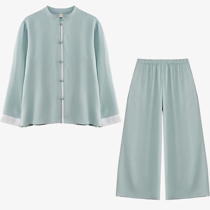 2Pcs Tang Suit Long Sleeve Shirt Top Pants Meditation Zen Tai Chi Cotton Linen Clothing Women's Set
