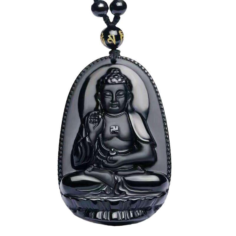 Chinese Zodiac Obsidian Buddha Amulet Protection Pendant Necklace
