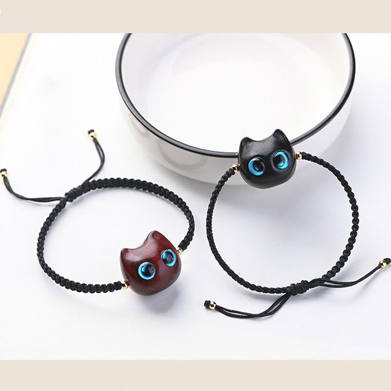 Small Leaf Red Sandalwood Ebony Wood Cute Cat Head Calm Protection Braided Bracelet