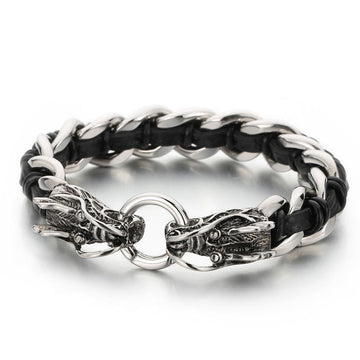 Masculine Dragon Braided Leather and Titanium Steel Bracelet