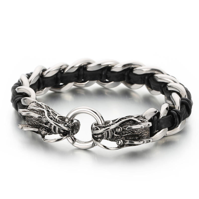 Masculine Dragon Braided Leather and Titanium Steel Bracelet