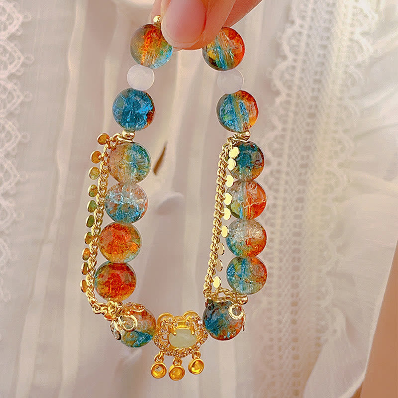 Colorful Liuli Glass Bead Chinese Lock Charm Fortune Bracelet