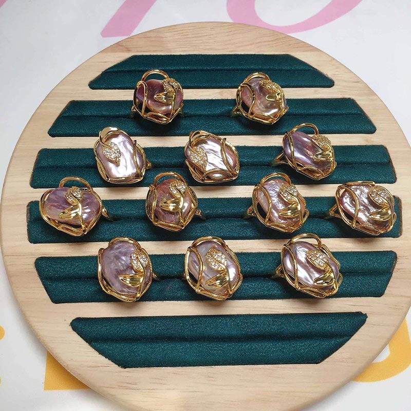 Pearl Copper Plated Gold Flower Happiness Wealth Ring