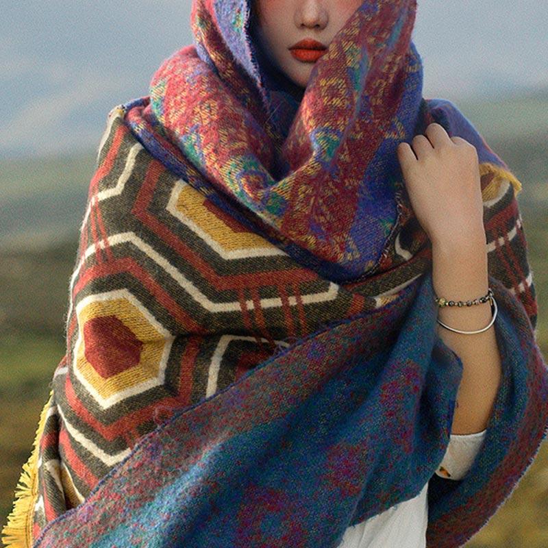 Tibetan Shawl Brown Blue Red Geometric Shapes Pattern Winter Cozy Travel Scarf Wrap