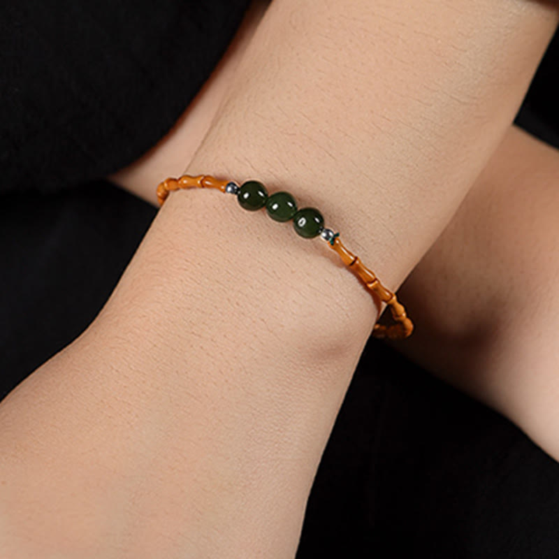 Natural Olive Pit & Hetian Jade Beaded Bracelet with Bamboo Pattern and White Copper Elements