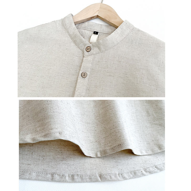Solid Color Men Short Sleeve Button Linen Shirt