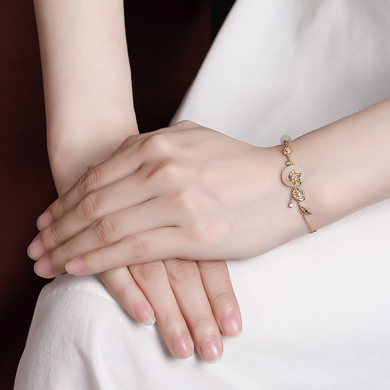 925 Sterling Silver Hetian Jade Peace Buckle Lotus Luck Chain Bracelet