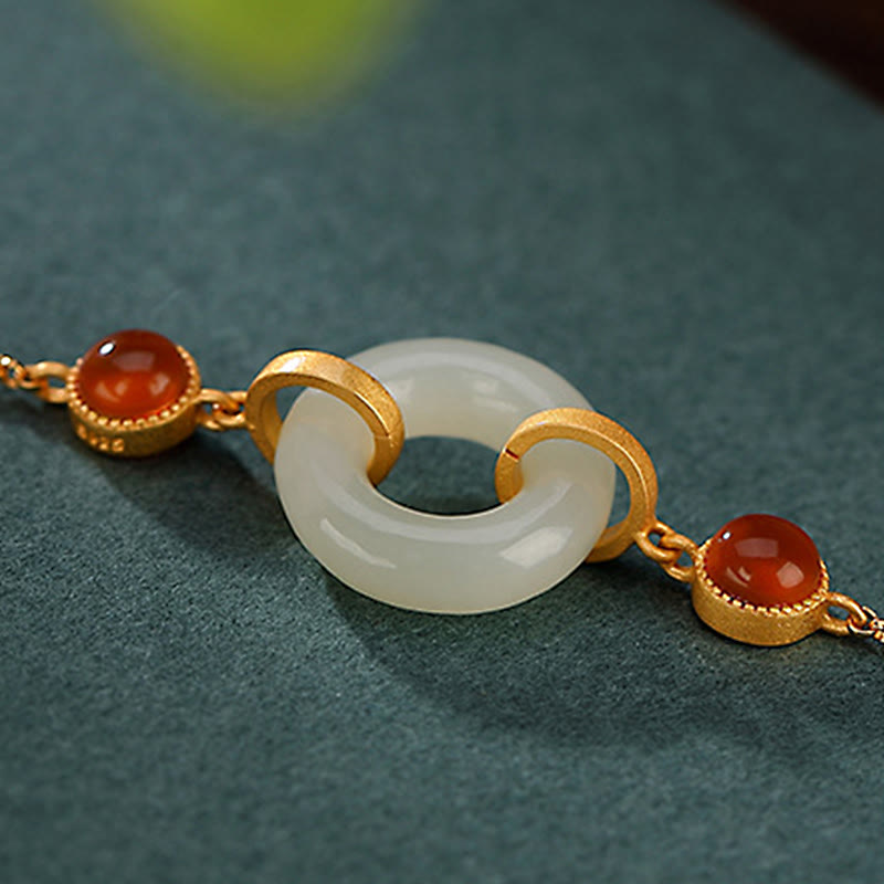 925 Sterling Silver Plated Gold Natural Hetian Jade Peace Buckle Red Agate Luck Bracelet