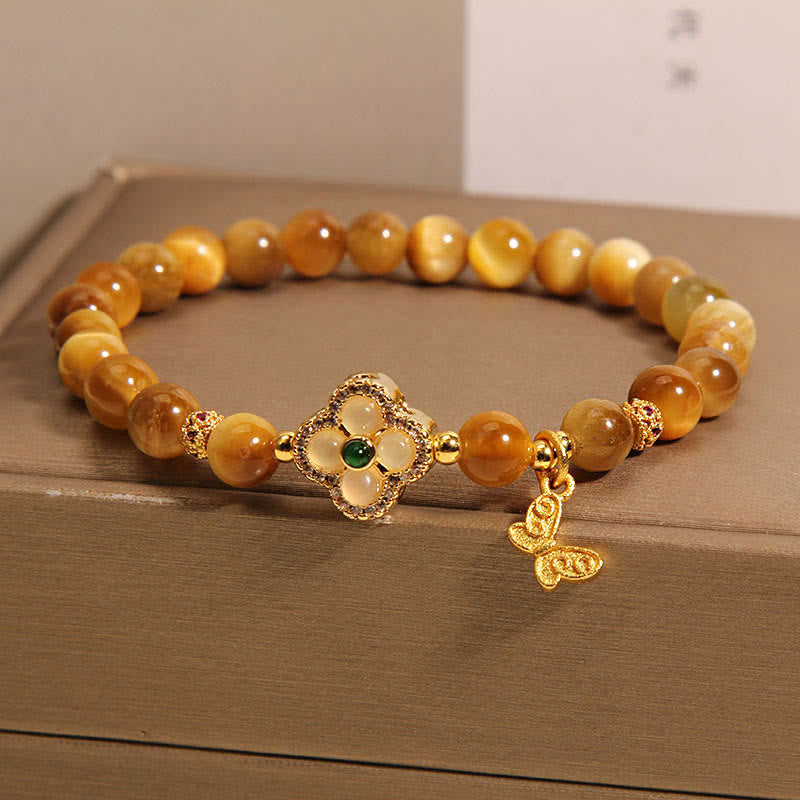 Tiger Eye Four Leaf Clover Butterfly Protection Bracelet