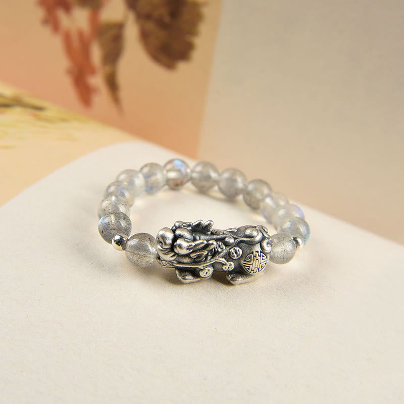 925 Sterling Silver Natural Garnet Moonstone Red Agate PiXiu Wealth Ring