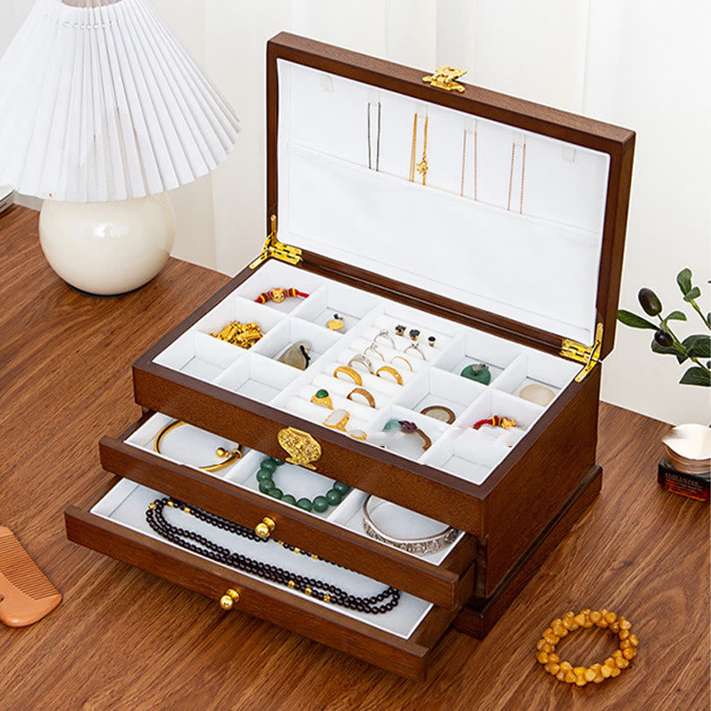 Retro Three-Layer Wooden Jewelry Storage Box & Organizer